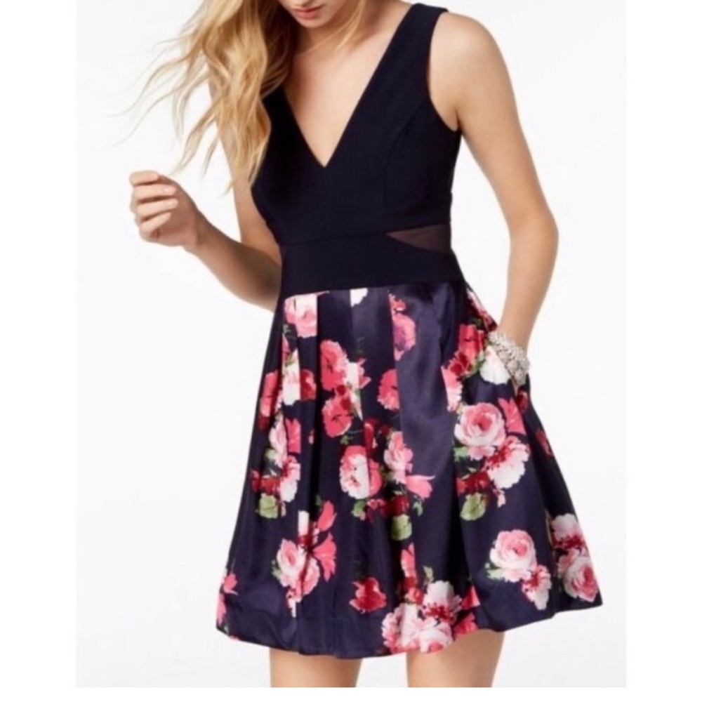 Xscape Black and Pink Fit and Flare Mini Dress